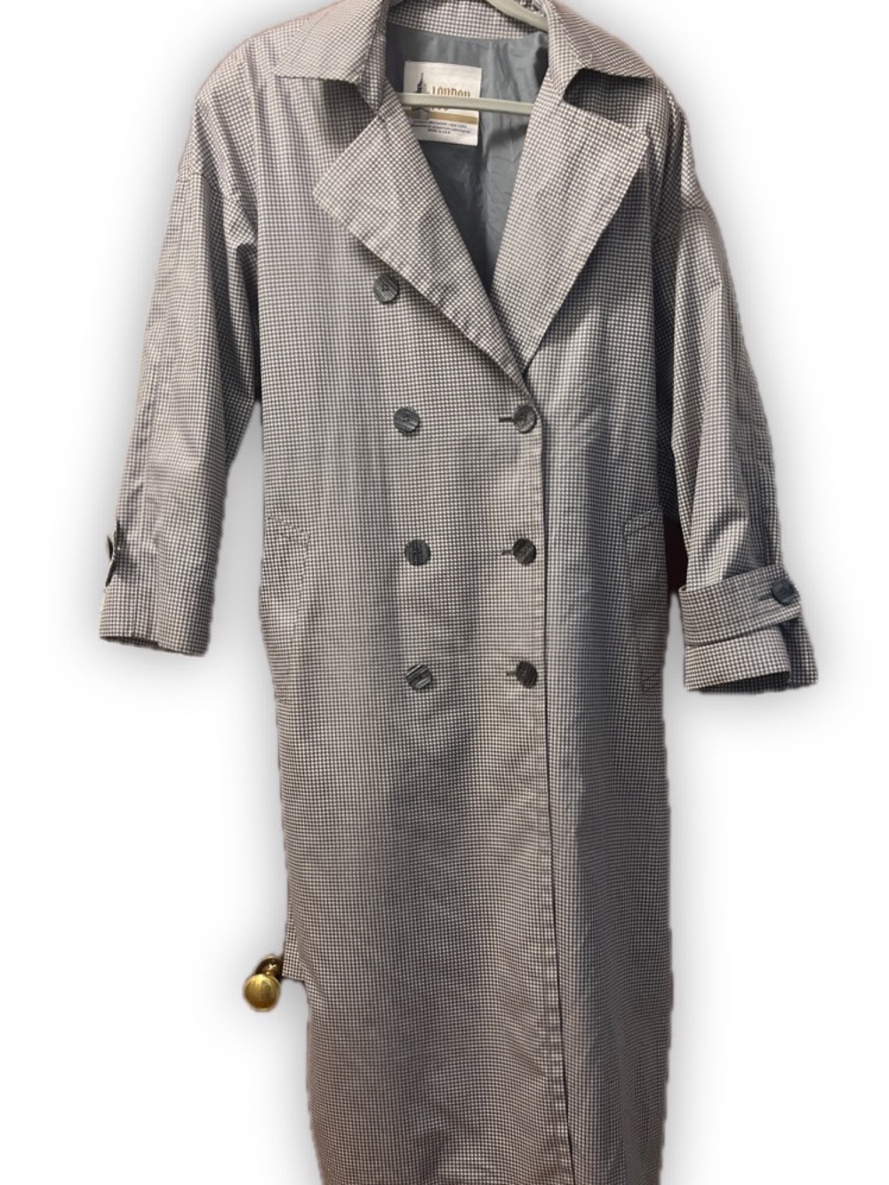 VINTAGE LONDON FOG Classic Double-Breasted Long Trench Coat - Gray Houndstooth